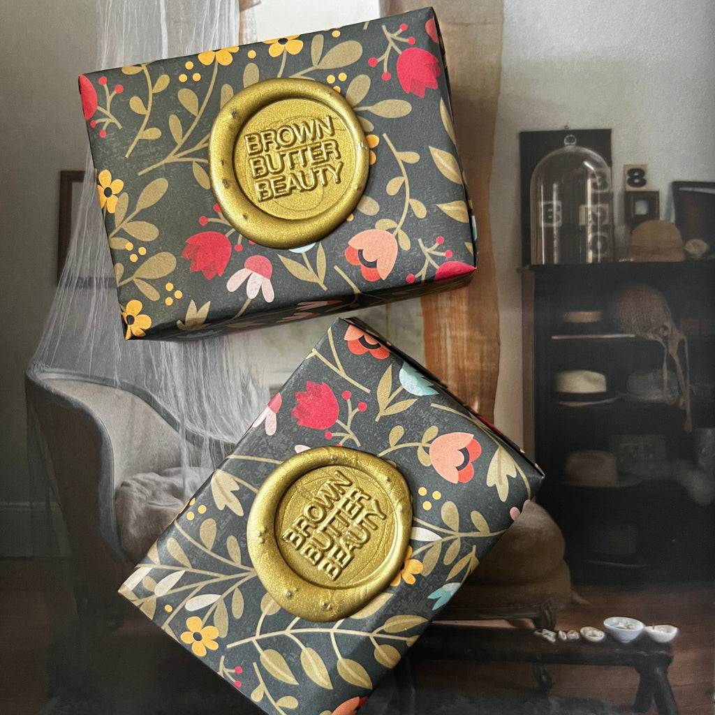 Pine tar soap packaged in pretty decorative paper 